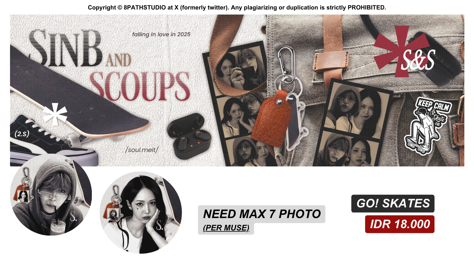 Rugged couple skater aesthetic centered on a canvas bag, polaroids, and stickers.